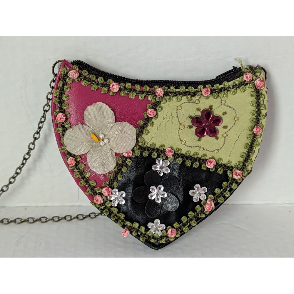 Mary Frances Vintage Floral Embellished Crossbody Purse Pink Green Black Chain